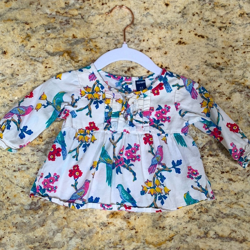 Old Navy Birds + Flower Long Sleeve Top Ruffle Blouse Sz 0-3